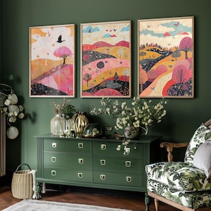 Rolling Butterfly Landscape Art Prints in Fuchsia, Taupe and Jet - Set of Three Posters, Painting - Ribble Valley