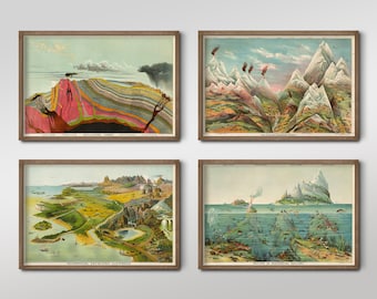 Op de afbeelding: Een set van vier vintage educatieve posters die geologische formaties illustreren. De posters bevatten kleurrijke illustraties van bergen, valleien en geologische doorsneden. De tekst op de posters omvat "Geological Chart", "Geographical Definitions Illustrated" en "Nature in Descending Regions".