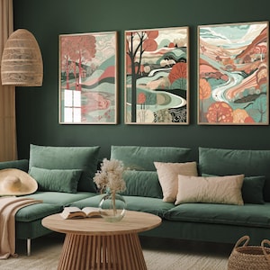 Landscape Illustrations in Ruby Red Seafoam - Set of Three Abstract Prints - Dorset Poster, Wales Art, Painting Shaftesbury, Sherborne