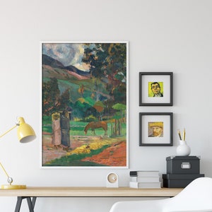 Peut inclure: Une peinture repr&eacute;sentant un paysage avec deux personnages au premier plan, un cheval et une for&ecirc;t verdoyante en arri&egrave;re-plan. Le ciel est nuageux et les couleurs sont vives.