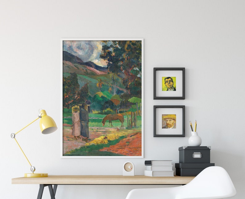 Peut inclure: Une peinture repr&eacute;sentant un paysage avec deux personnages au premier plan, un cheval et une for&ecirc;t verdoyante en arri&egrave;re-plan. Le ciel est nuageux et les couleurs sont vives.