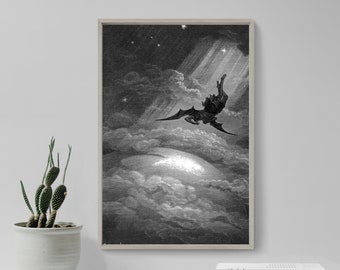 May include: A black and white illustration of a winged figure falling from the sky, surrounded by clouds and stars. The figure is depicted with outstretched wings and a long, flowing robe. The image is set against a dark background with a bright light shining down from above.