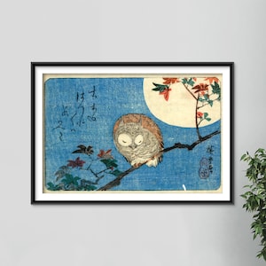 Utagawa Hiroshige - Horned Owl on Maple Branch under Full Moon (1833) - Painting Poster Print Art Gift Giclée Japan Japanese Ukiyo-e