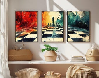 Surreal Melting Chessboard Set of Three Art Prints - 3 Floral Bouquet Blue Yellow Paintings - Photo Poster Wall Gift Giclée - Chess Pieces