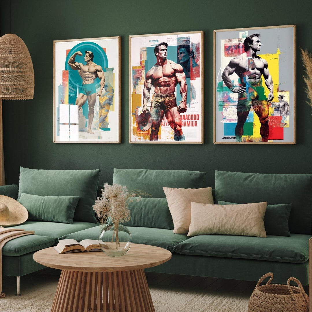 Set of Three Vintage Bodybuilding Prints - 3 Collage Gym Paintings ...