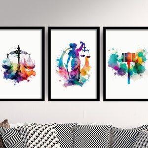 Set of Three Justice Prints - 3 Art Paintings Poster Photo Wall Gift Museum Giclée - Law and Order, Lady, Scales, Gavel, Lawyer, Solicitor