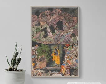 Krishna Holds up Mount Govardhan to Shelter the Villagers of Braj / Harivamsa (1590) - Classic Painting Photo Poster Print Art Gift Home