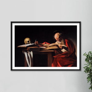 Caravaggio - Saint Jerome Writing (1605) - Classic Painting Photo Poster Print Art Gift Home Wall Decor - Skull Old Man Robe