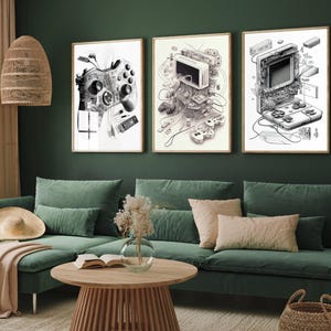 Diagrams of Consoles and Controller - Set of Three Videogame Pencil Drawings - 3 Handheld Art Prints - Photo Poster Wall Art Gift Giclée