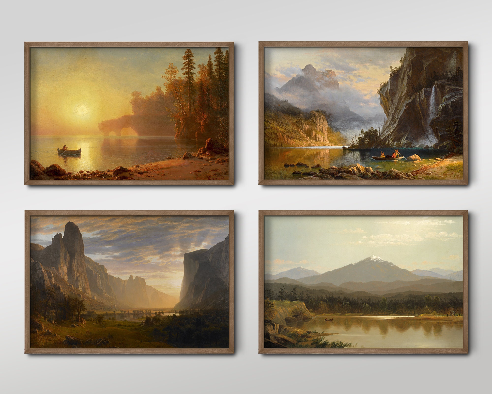 Set of Four Albert Bierstadt Prints - 4 Classic Paintings - Photo Poster Wall Art Gift Giclée Museum Quality - Coastal Warm Tone Rustic