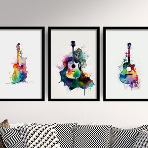 Set of Three Guitar Watercolour Prints - 3 Art Paintings Poster Photo Wall Gift Museum Giclée - Gift for Guitarist, Music Room, Musician