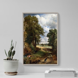 May include: A painting of a rural landscape with a winding path leading through a field of trees. The sky is cloudy and the sun is shining. There are people and animals in the distance.