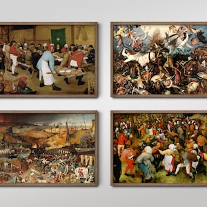 Set of Four Pieter Bruegel the Elder #4 - 4 Classic Paintings - Photo Poster Wall Art Gift Giclée Museum Quality - Party Crowds Brown Tones