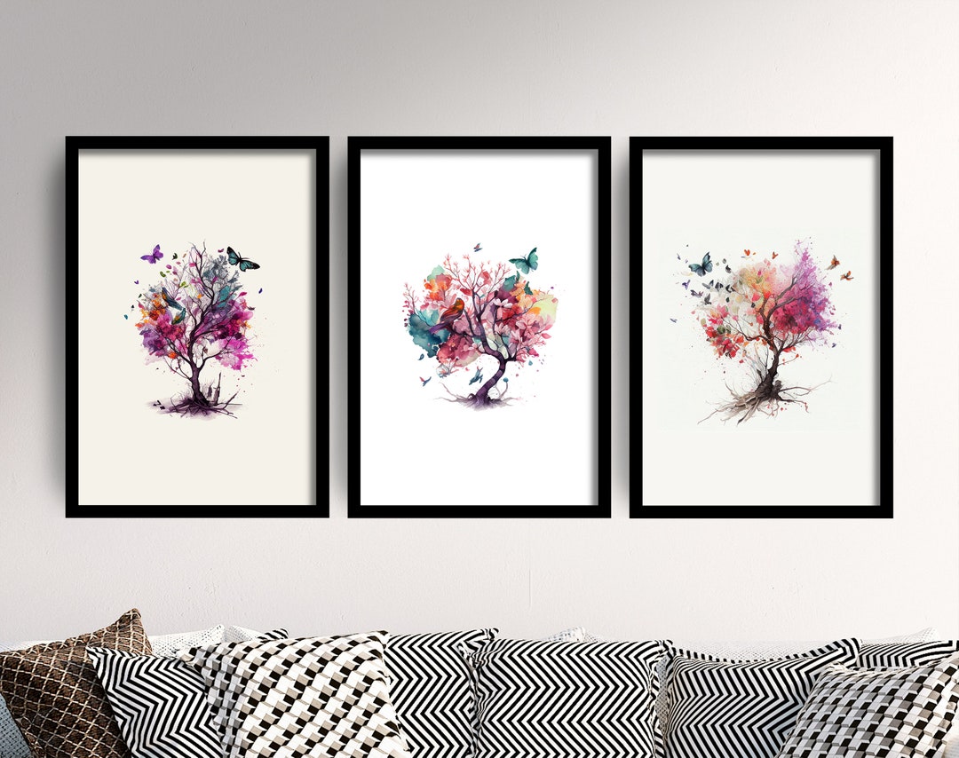 Set of Three Trees, Birds and Butterflies Watercolour Prints 3 Art