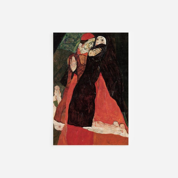 エゴン・シーレ - 枢機卿と修道女の愛撫 (1912) - 古典絵画写真