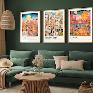 Set of Three Egypt Travel Posters - Cairo, Alexandria, Luxor - 3 Modern Art Prints - Photo Painting Illustration Gift Map Danish Pyramids