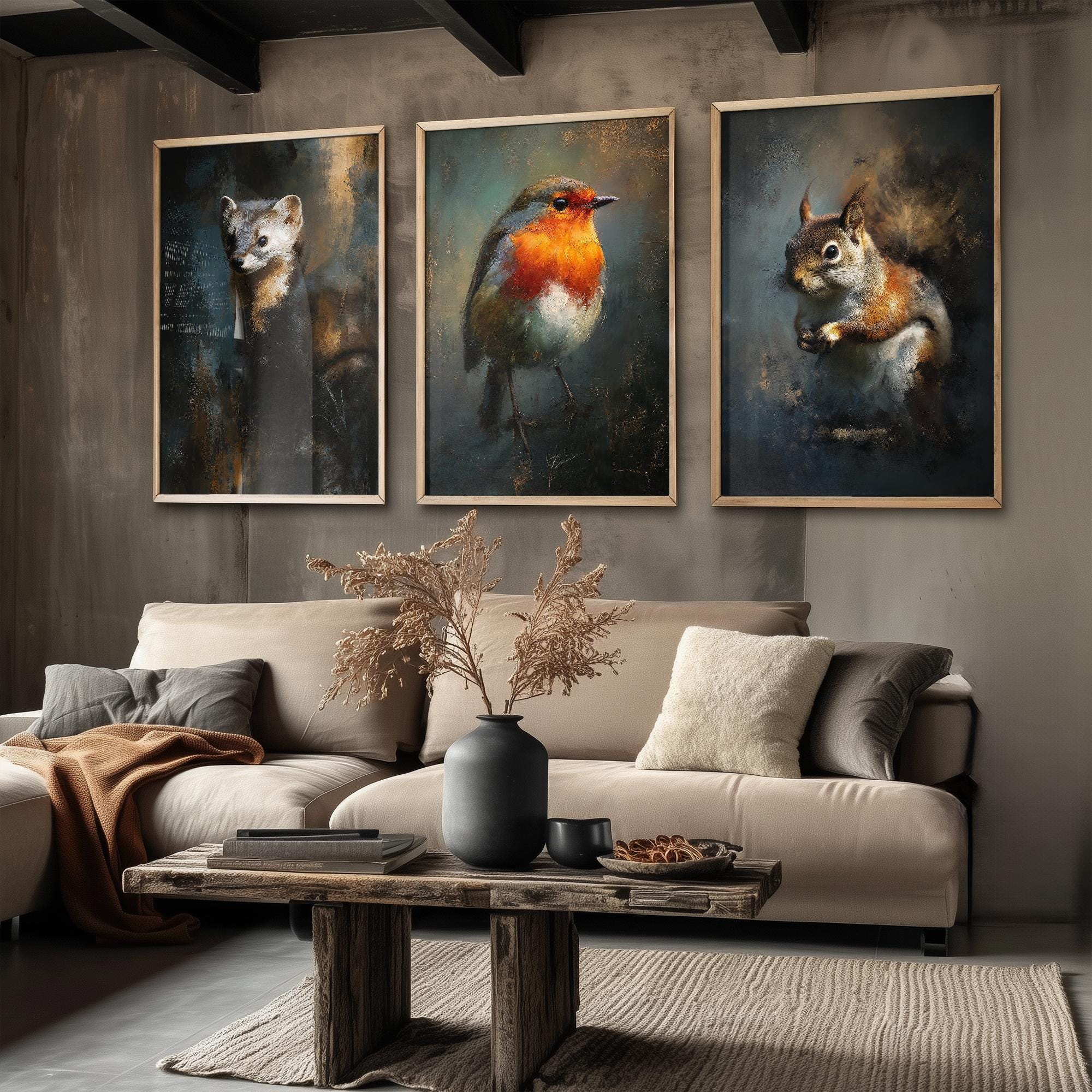 Set of Three Animal Oil Paintings - 3 Tiny Woodland Critters Art Prints