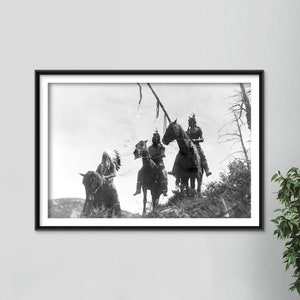 Edward Curtis - Three Mounted Crow Men in Authentic Clothing (1908) - Vintage Photograph, Photo, Poster, Print, Art Gift - Native Indian