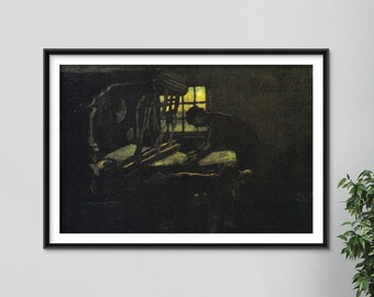 May include: A painting depicting a dimly lit room with a person sitting in a chair by a window. The room is filled with shadows and the light from the window casts a warm glow on the person's face.