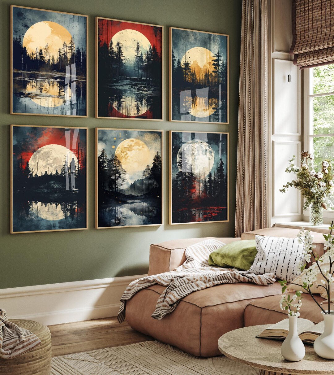 Set of Six Red Golden Rust Moon Art Prints - 6 Celestial Night ...