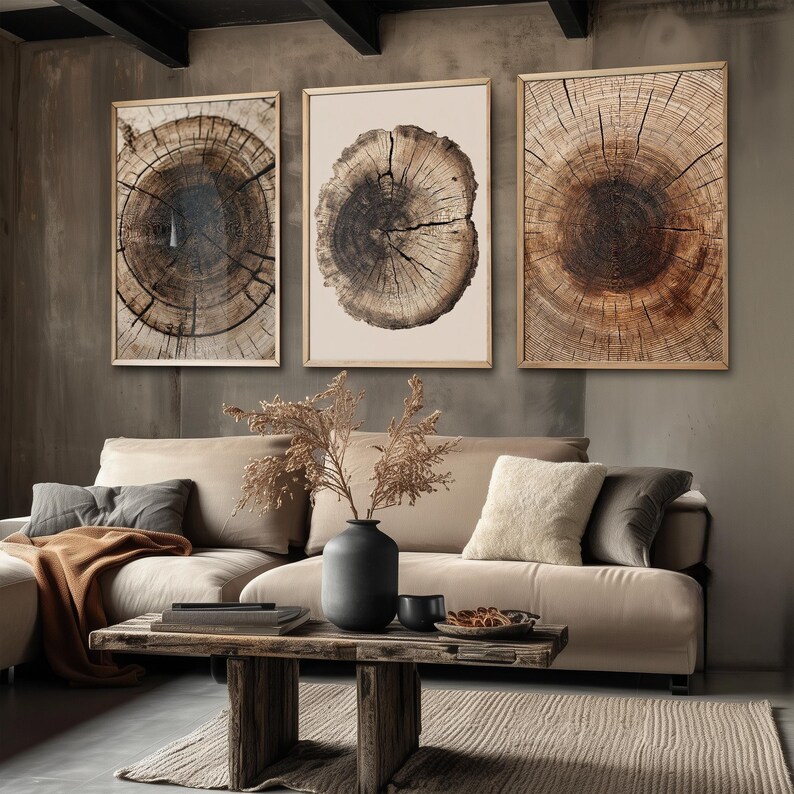 Tree Stump Rings Mural Tree Rings Stumps Set of Three Paintings V6 - 3 Natural Pattern Art ...