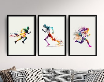Set aus drei Aquarelldrucken zum Thema Sprinten – 3 Kunstdrucke, Poster, Fotowand, Museumsdruck (Giclée) – Laufen, Joggen, Läuferin, Mädchen, Frauen