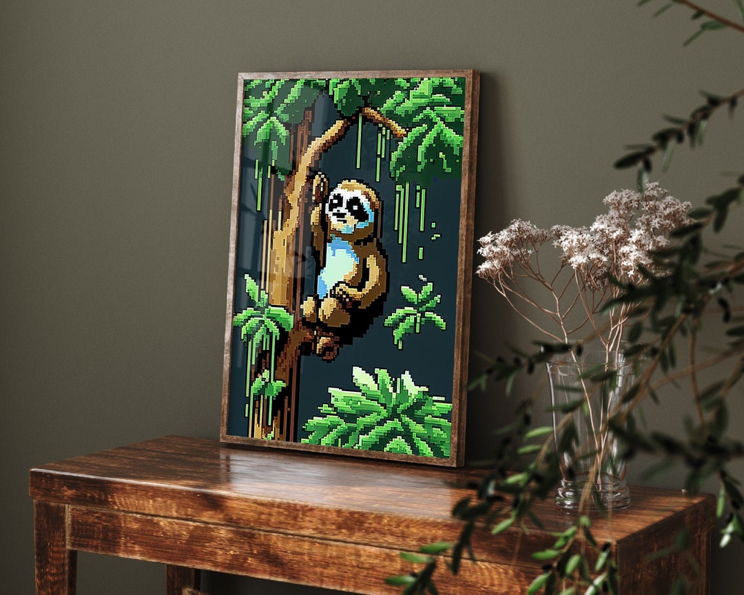 Pixel Art Animals Sloth Art Print Poster Painting Giclee Home Wall ...