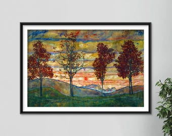 Egon Schiele - Four Trees (1917) - Classic Painting Photo Poster Print Art Gift Wall Home Decor - Forest Sunset Trees Red Orange Green