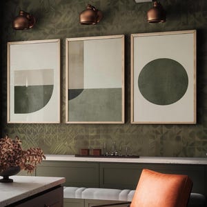 Abstract Geometry in Olive - Set of Three Art Prints - Circle Shape Posters - Muted Rustic Décor - Modern Art Paintings 3