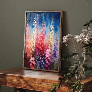 Painting of Delphiniums Flowers With Colourful Background - Art Print Poster Painting - Museum Quality Giclee Home Wall Décor