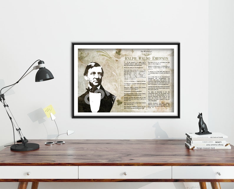 May include: A black and white portrait of Ralph Waldo Emerson with a quote from him on a vintage-style background. The quote reads: "To be yourself in a world that is constantly trying to make you something else is the greatest accomplishment."