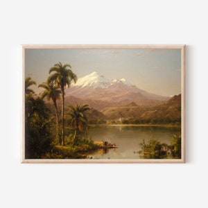 Frederic Edwin Church - Tamaca Palms (1854) - Classic Painting Photo Poster Print Art Gift Home Wall Decor - Mountain Range Lake Palm Trees