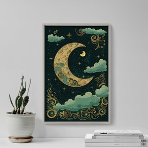 Crescent Moon in Green With Blue Clouds 8 - Art Print Poster Painting - Giclee Home Wall Décor