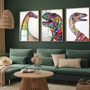 Lot de trois impressions d'art de dinosaures - affiches colorées de dinosaures du Jurassique - peintures sur tissu en patchwork - décoration d'intérieur Diplodocus, Velociraptor, T-Rex