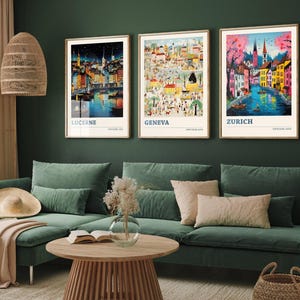Set of Three Switzerland Travel Posters - Lucerne, Geneva, Zurich - 3 Modern Art Prints - Photo Painting Illustration Gift Map Swiss