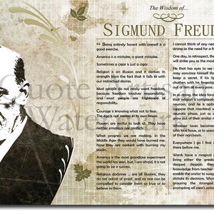 May include: A black and white image of Sigmund Freud, a famous psychologist, with a quote about honesty, freedom, and religion. The quote is set against a textured background with floral accents.