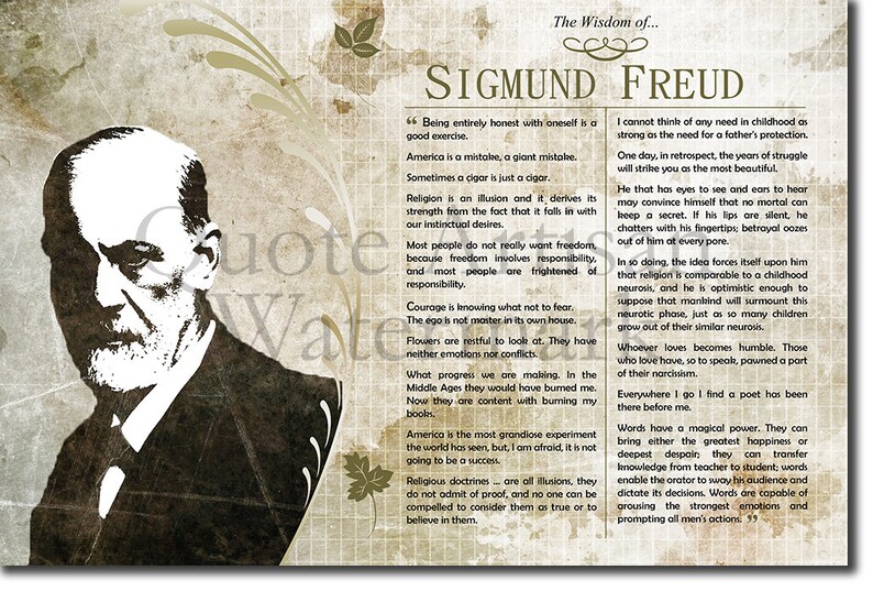 May include: A black and white image of Sigmund Freud, a famous psychologist, with a quote about honesty, freedom, and religion. The quote is set against a textured background with floral accents.