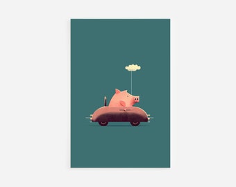 Animals in Vehicles - Pig Driving a Car- Art Print Poster Painting - Museum Quality Giclee Home Wall Décor
