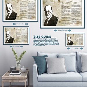 May include: A size guide for a printable poster featuring a black and white image of Sigmund Freud, a famous psychologist, with text about his work. The poster is available in four sizes: 9x6 inches, 12x8 inches, 18x12 inches, and 24x16 inches.