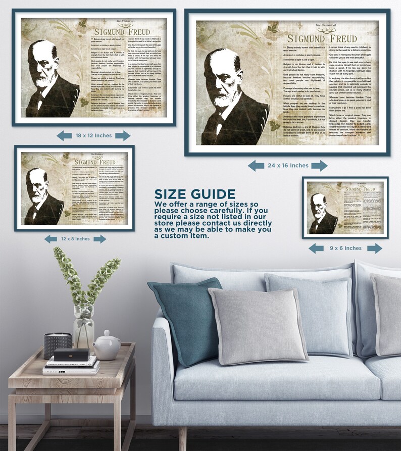 May include: A size guide for a printable poster featuring a black and white image of Sigmund Freud, a famous psychologist, with text about his work. The poster is available in four sizes: 9x6 inches, 12x8 inches, 18x12 inches, and 24x16 inches.