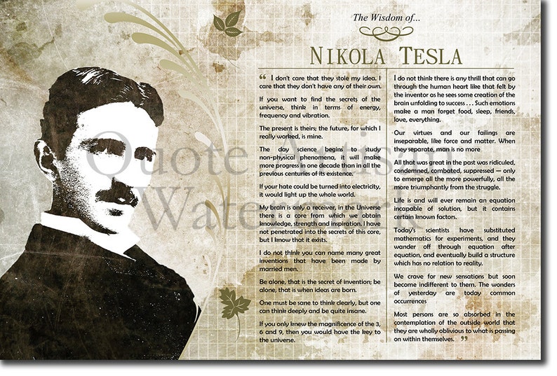 K&ouml;nnte beinhalten: Ein Vintage-Bild von Nikola Tesla, einem ber&uuml;hmten Erfinder und Ingenieur, mit einem Zitat &uuml;ber die Geheimnisse des Universums. Das Zitat lautet: "Wenn du die Geheimnisse des Universums finden willst, denke in Begriffen von Energie, Frequenz und Schwingung." Das Bild ist in Braun- und Wei&szlig;t&ouml;nen gehalten und hat eine Grunge-artige Textur.