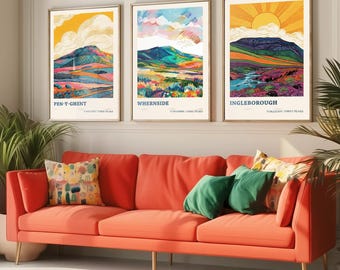 The Yorkshire Three Peaks Challenge - Set of Three Art Print Posters - Ingleborough, Pen-y-Ghent and Whernside - 3 Original Vibrant V2