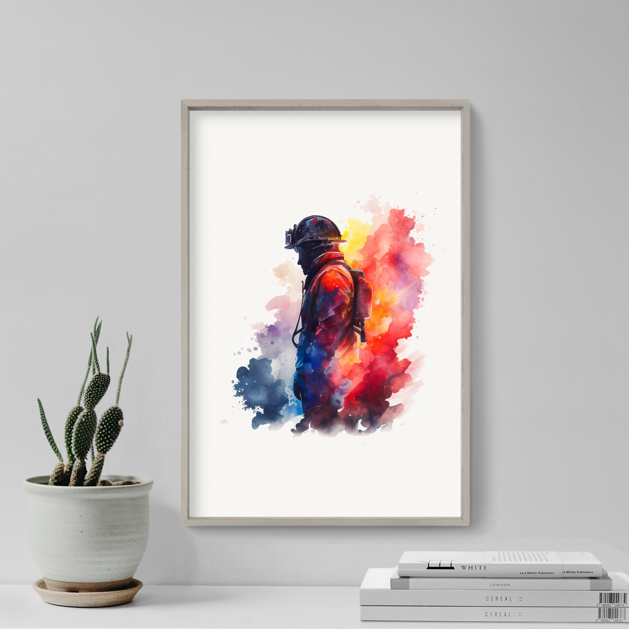 Discover Firefighter Watercolour - Art Print Poster - Colourful Paint Splashes - Gift Home Wall Dcor Giclee - Fire Fighter Fireman First Responder
