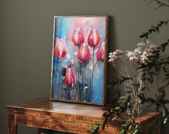 Tulips in Blue and Pink 3 - Art Print Poster Painting - Museum Quality Giclee Home Wall Décor