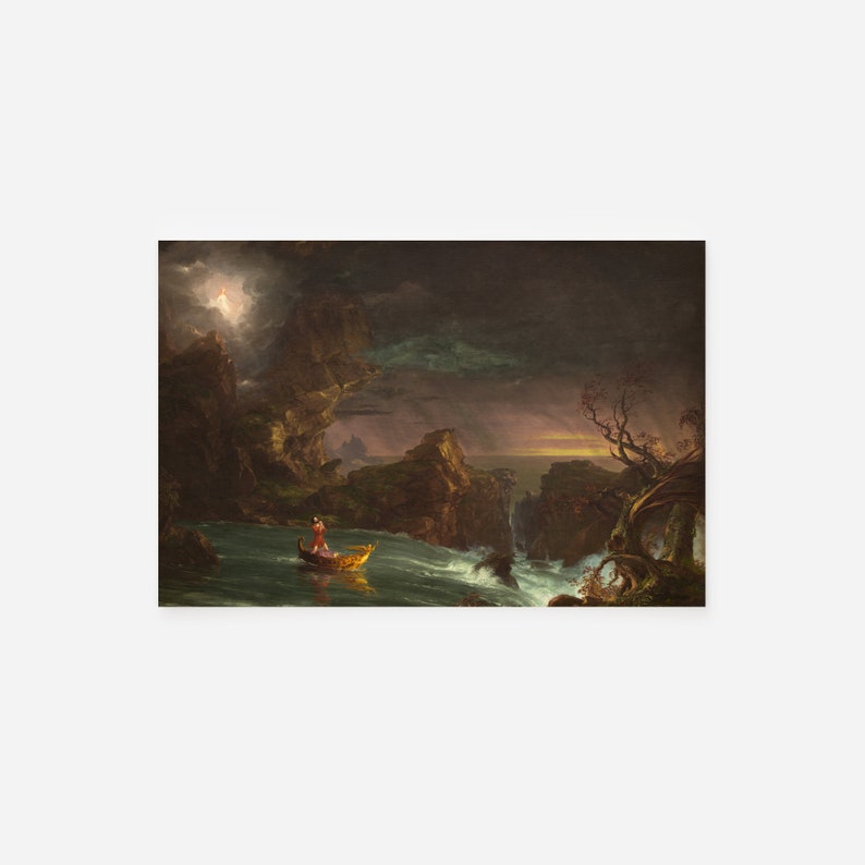 Puede incluir: Una pintura que representa una figura solitaria en un peque&ntilde;o bote remando por un mar tormentoso. El cielo est&aacute; oscuro y tormentoso, con un solo rayo de luz que atraviesa las nubes. La figura es peque&ntilde;a e insignificante frente a la inmensidad del mar y los imponentes acantilados a ambos lados.