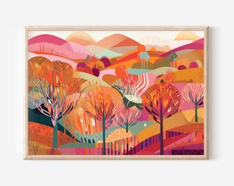 Colourful Abstract Landscape Illustration in Pink Horizontal 1 - Art Print Poster Painting - Giclee Home Wall Décor