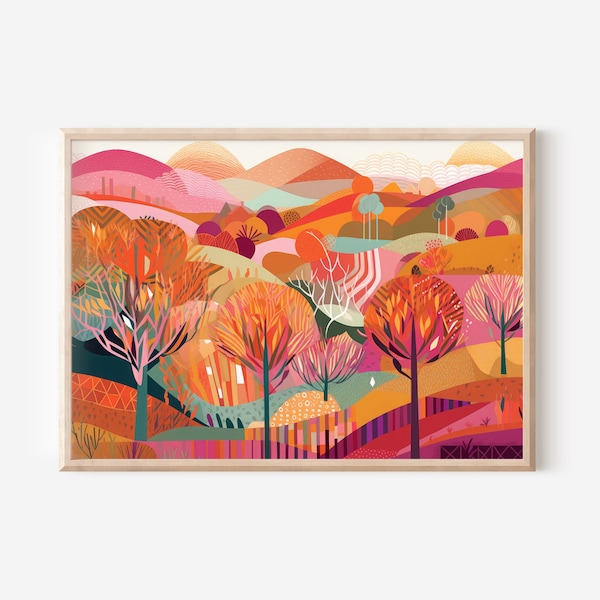 Colourful Abstract Landscape Illustration in Pink Horizontal 1 - Art Print Poster Painting - Giclee Home Wall Décor