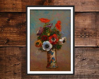 Odilon Redon - Still Life with Anemones (1910) - Reproduction of a Classic Painting - Photo Poster Print Art Gift - Red Flowers in Vase