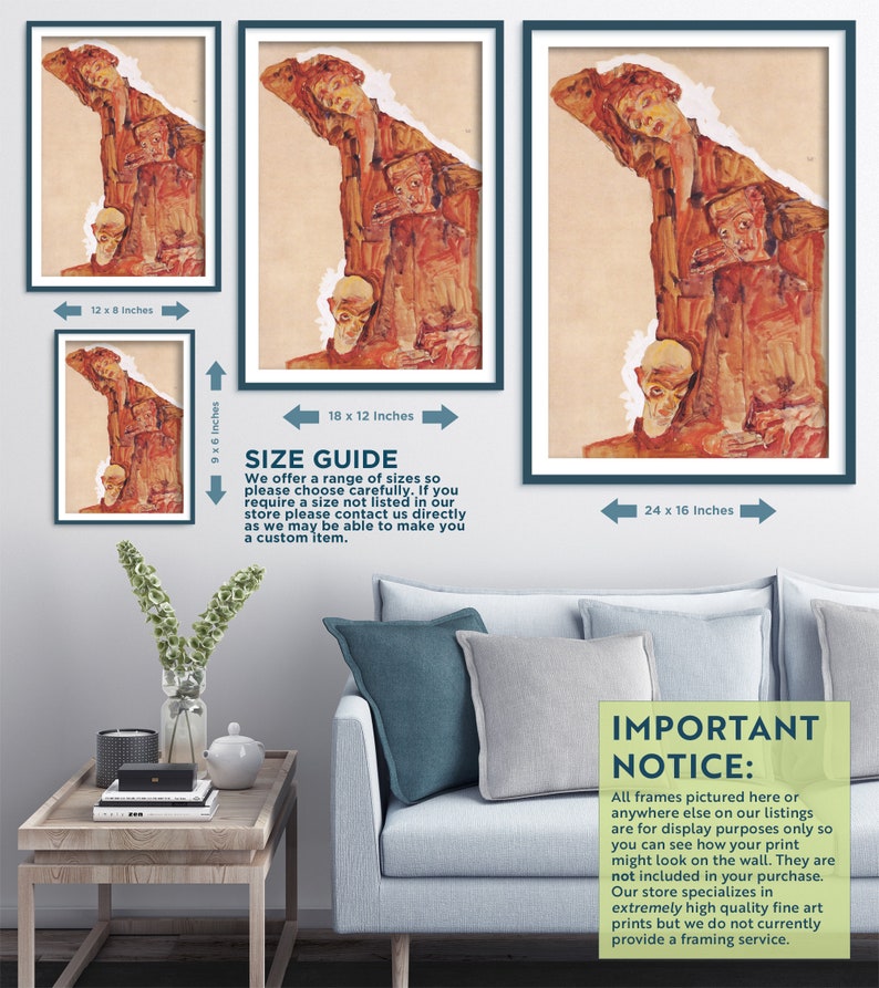 Pu&ograve; includere: Una stampa d'arte digitale di un dipinto che presenta un gruppo di volti in stile cubista. La stampa &egrave; disponibile in diverse dimensioni, tra cui 12x8 pollici, 9x6 pollici, 18x12 pollici e 24x16 pollici. L'immagine include anche del testo che recita "GUIDA ALLE TAGLIE" e "AVVISO IMPORTANTE".
