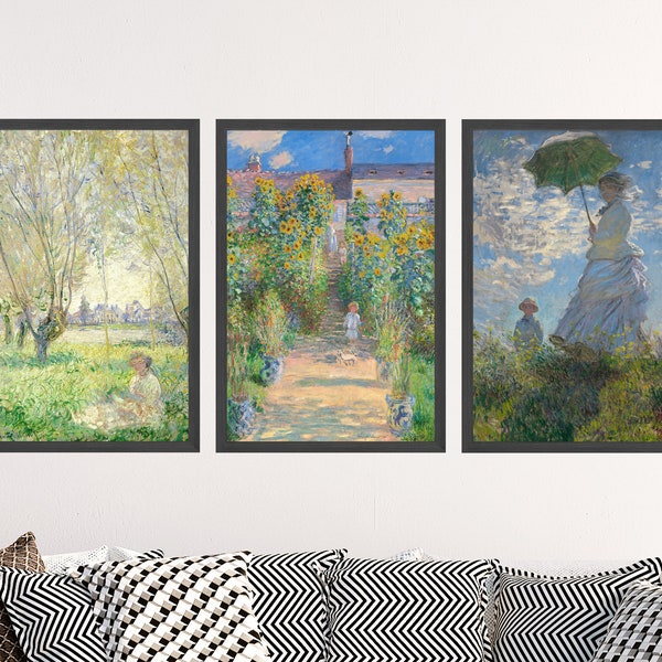 Set of Three Claude Monet GARDEN GIRLS Prints - 3 Classic Paintings - Photo Poster Wall Art Gift Giclée Museum Quality - Parasol Vetheuil